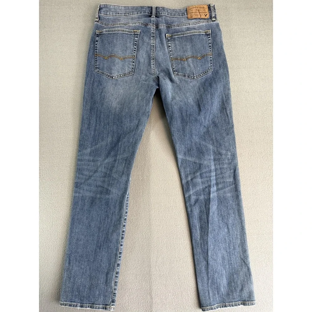 American Eagle Slim Straight Jeans Mens 33x34 Med Wash Blue Stretch Denim Casual